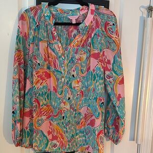 LILLY PULITZER flamingo print ELSA top LARGE EUC